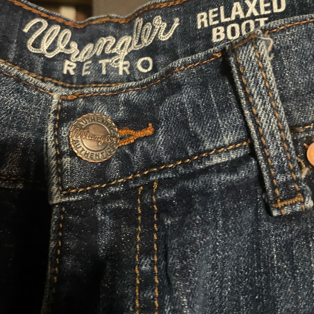 Wrangler Retro Dark Blue Jeans with Orange Stitching